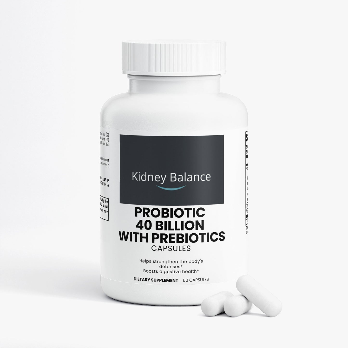 Supplement bottle labeled 'Kidney Balance Probiotic 40 Billion with Prebiotics' on a white background