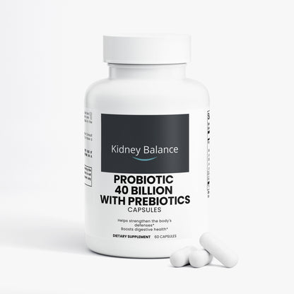 Supplement bottle labeled 'Kidney Balance Probiotic 40 Billion with Prebiotics' on a white background