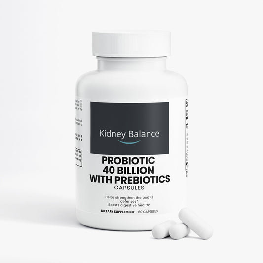 Supplement bottle labeled 'Kidney Balance Probiotic 40 Billion with Prebiotics' on a white background