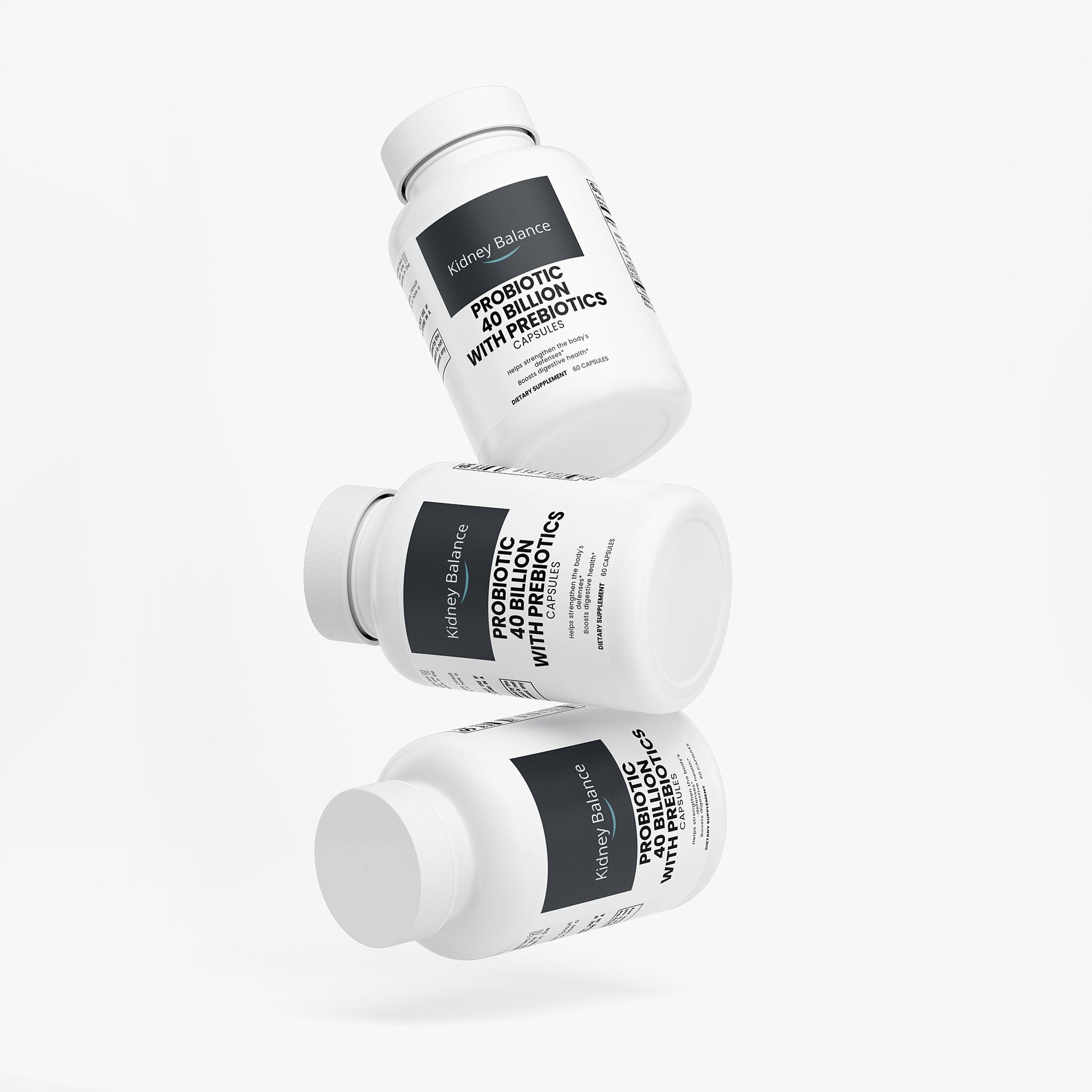Three white bottles with black labels on a white background