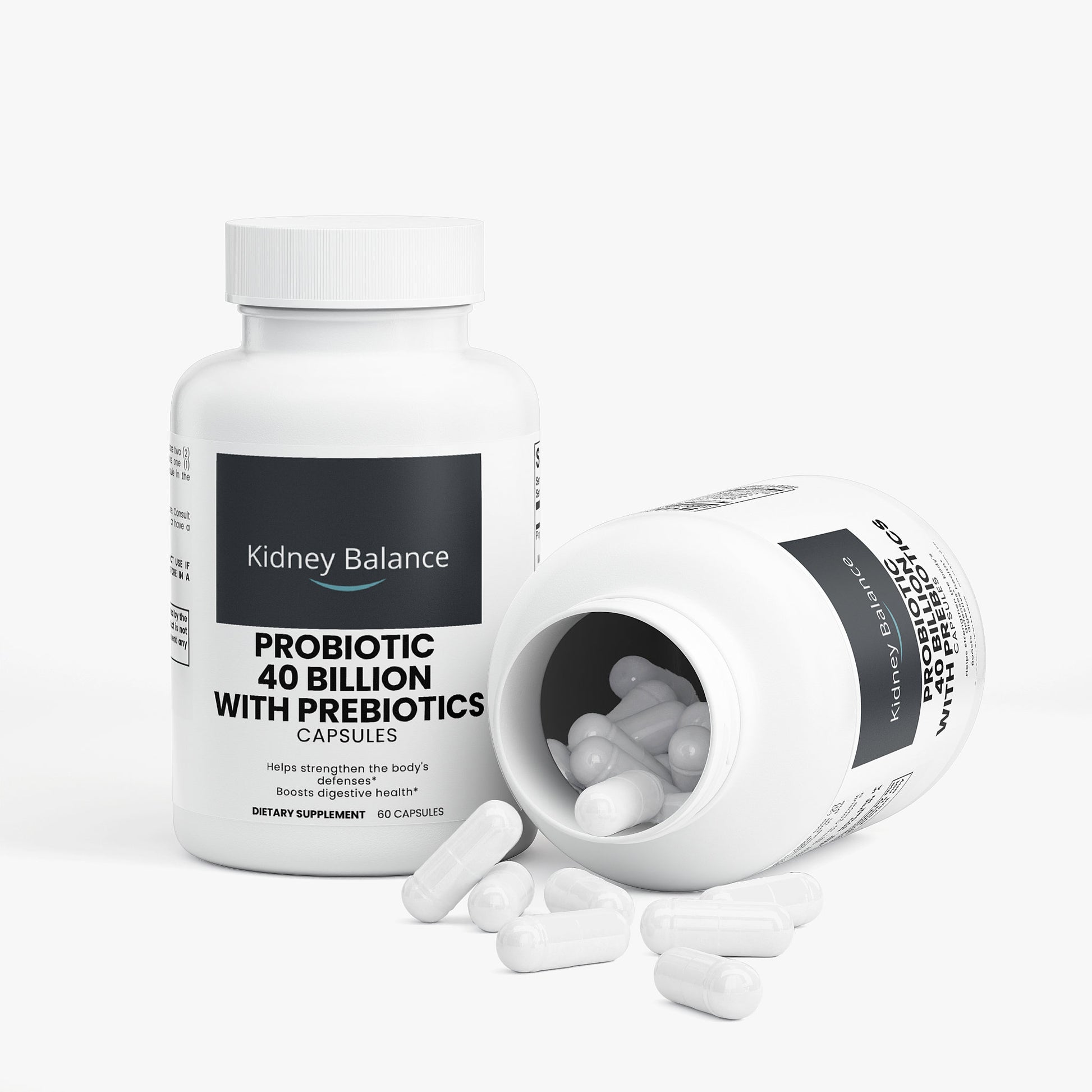 Probiotic supplement bottle with open cap showing capsules on a white background