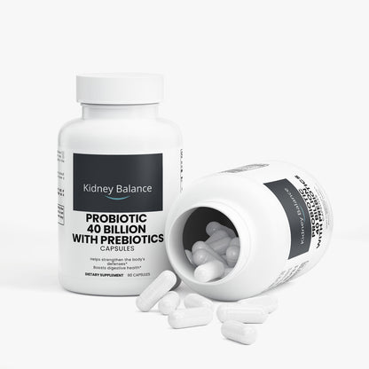 Probiotic supplement bottle with open cap showing capsules on a white background