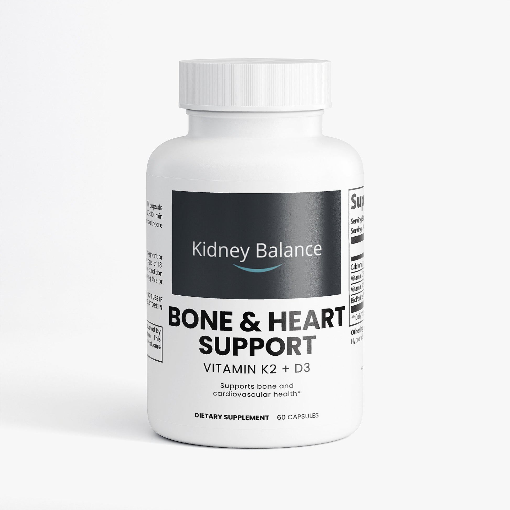 Supplement bottle labeled 'Kidney Balance Bone & Heart Support' on a white background
