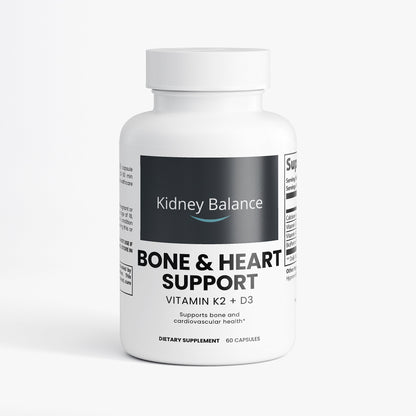 Supplement bottle labeled 'Kidney Balance Bone & Heart Support' on a white background