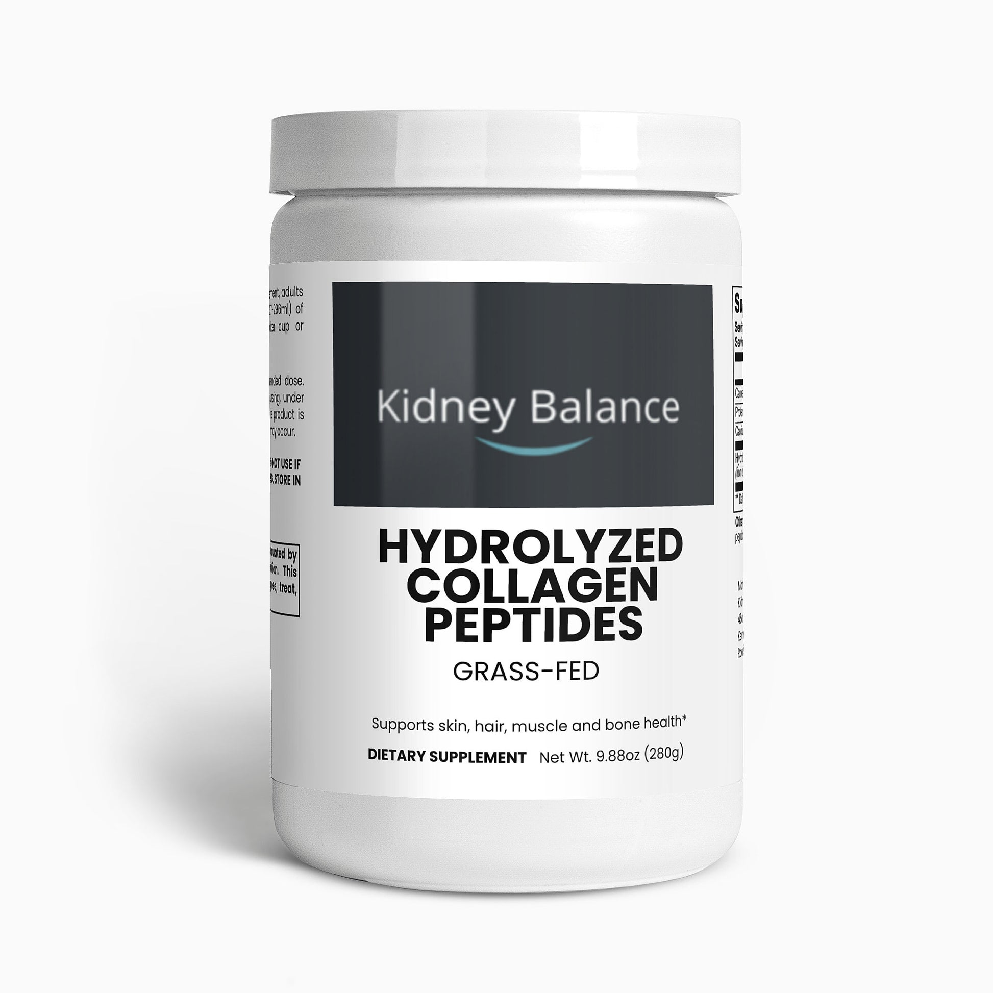 A white plastic tub of Kidney Balance Hydrolyzed Collagen Peptides dietary supplement, shown on a clean white background with a soft shadow.