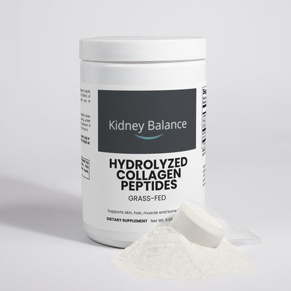 A white plastic tub of Kidney Balance Hydrolyzed Collagen Peptides dietary supplement with a scoop of white powder in front, set against a light gray studio background.