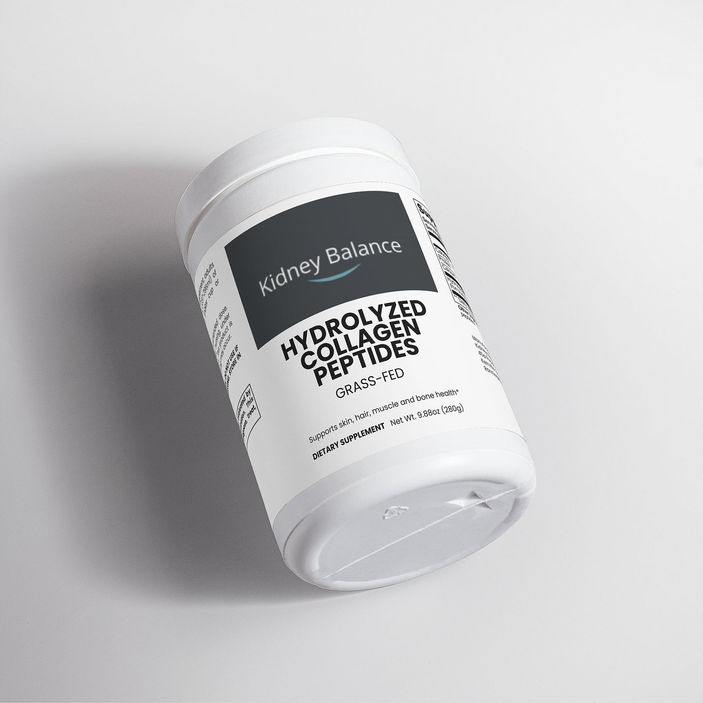 A white plastic tub of Kidney Balance Hydrolyzed Collagen Peptides, shown at an angle on a light gray background with a soft shadow.