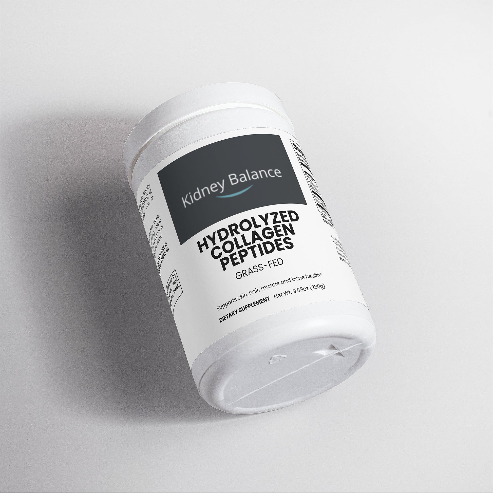 A white plastic tub of Kidney Balance Hydrolyzed Collagen Peptides, shown at an angle on a light gray background with a soft shadow.