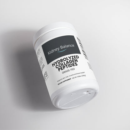 A white plastic tub of Kidney Balance Hydrolyzed Collagen Peptides, shown at an angle on a light gray background with a soft shadow.