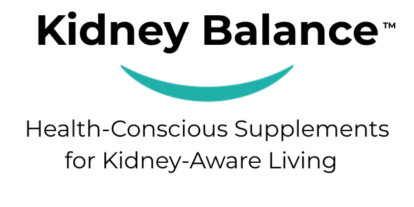Kidney Balance brand logo with a teal curved stripe on a white background, above the text 'Health-Conscious Supplements for Kidney-Aware Living'.